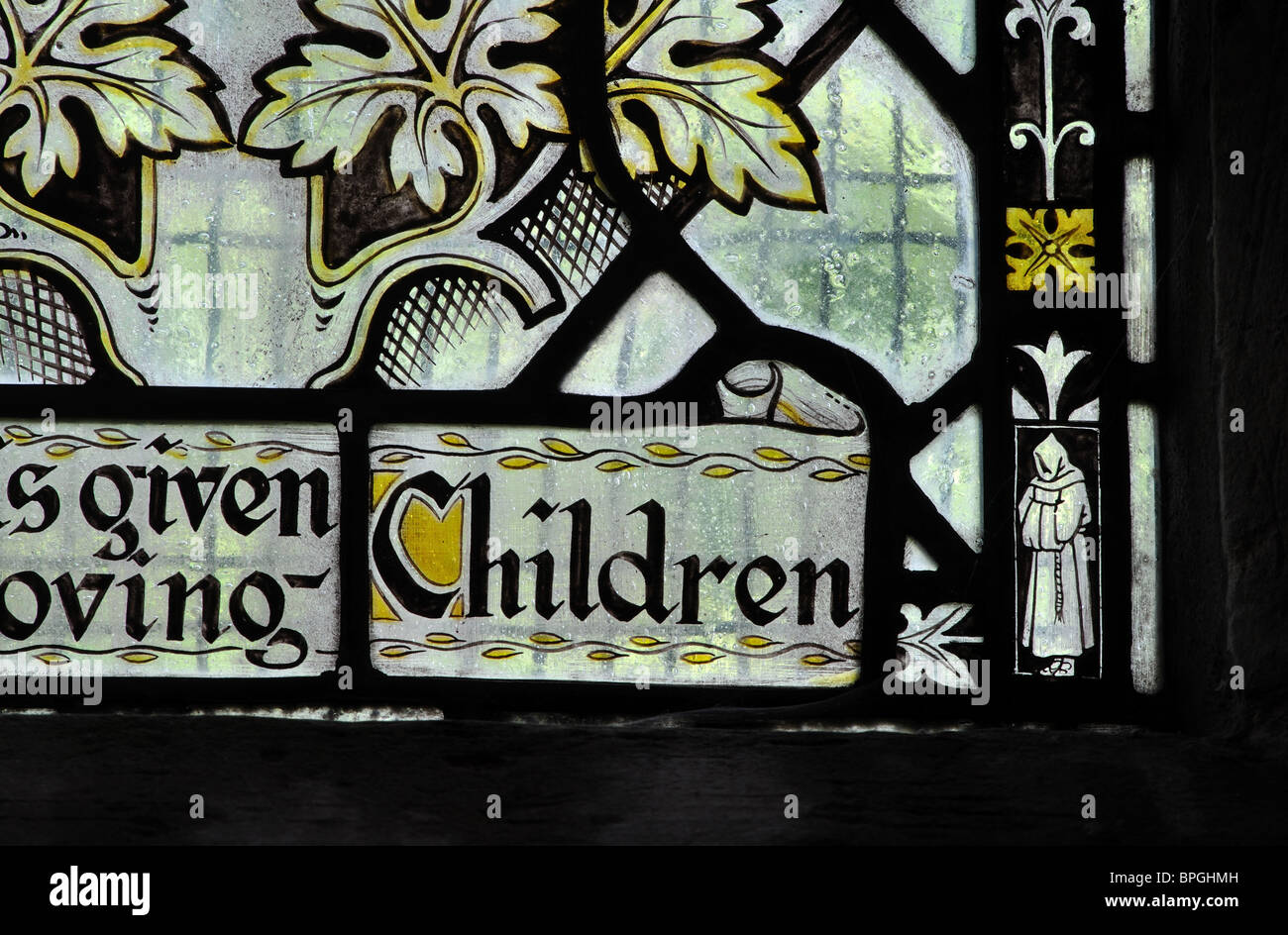Whitefriars trademark in corner of stained glass window, St. Martin`s Church, Litchborough, Northamptonshire, England, UK Stock Photo